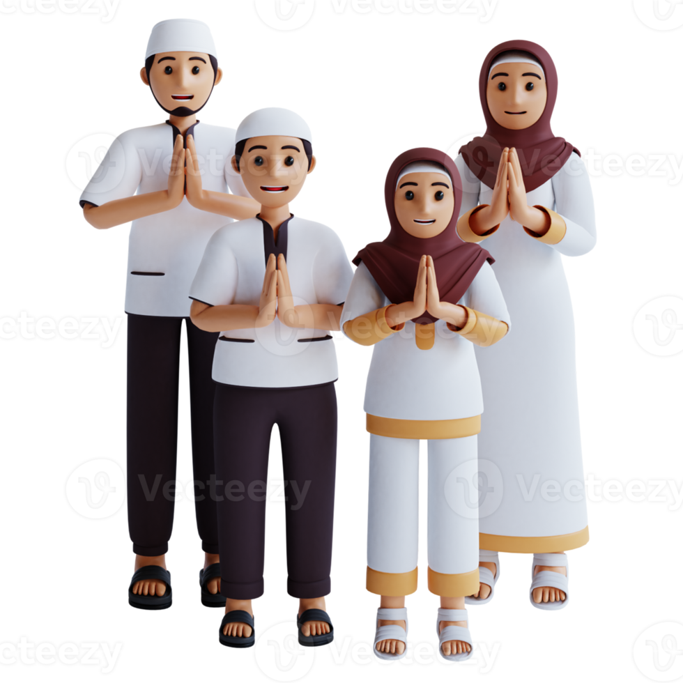 3d renderização pose de namaste de família muçulmana png