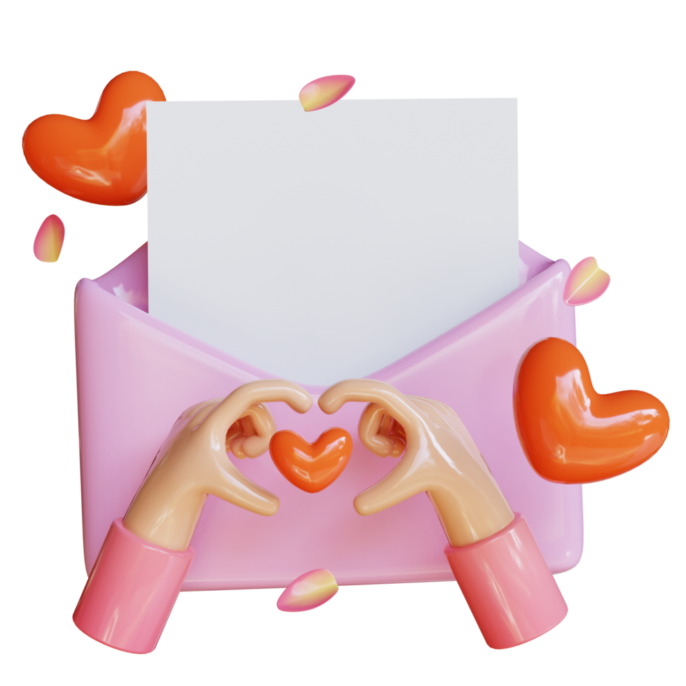 3d render mano rosa con enveloppe png