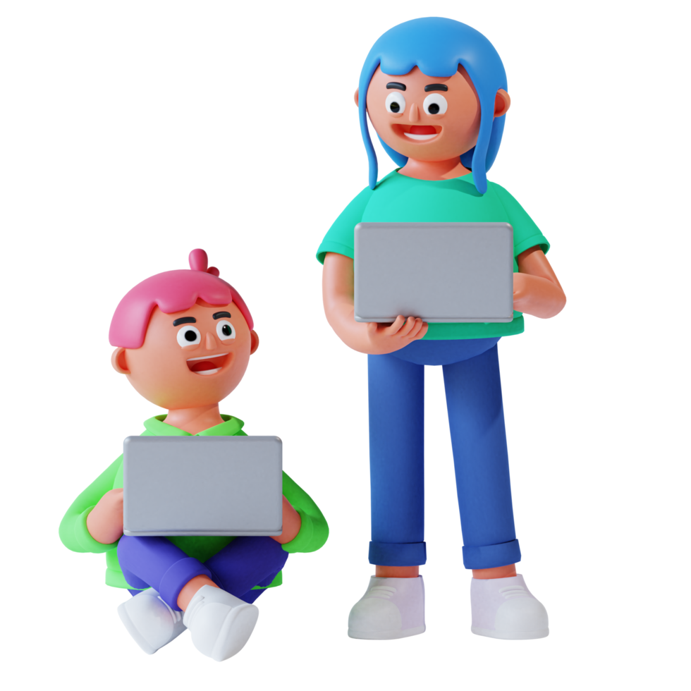 d render boy and girl carrying laptop for online study png