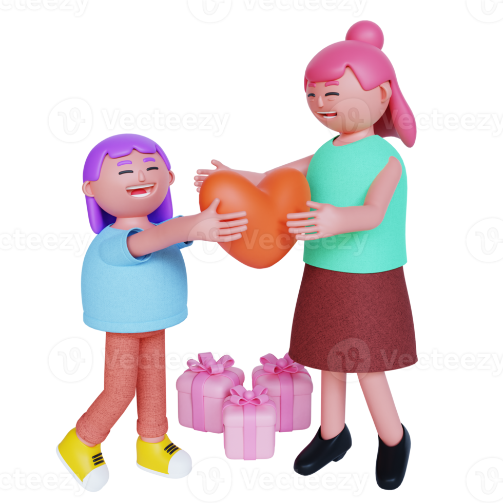 3d render girl giving love to his mother day png