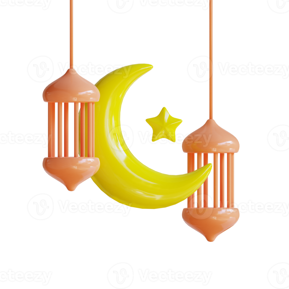 3d render lantern and crescent moon png