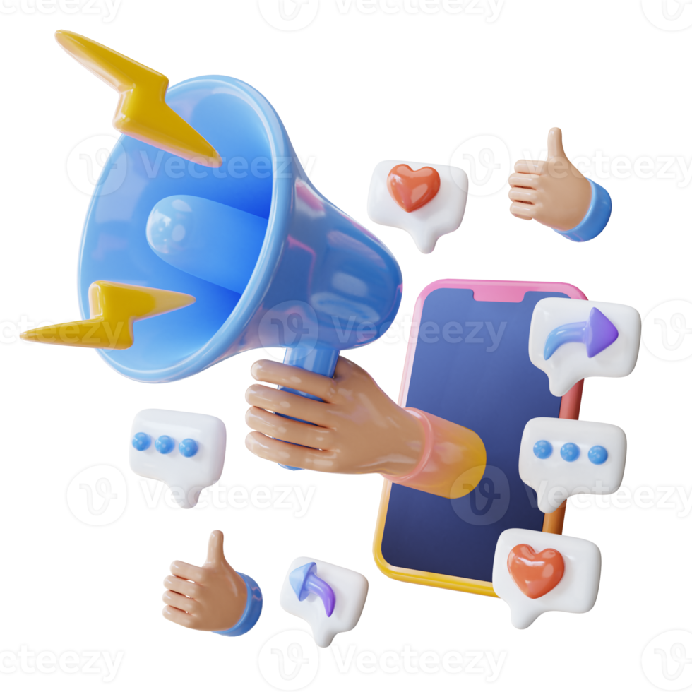3d render hand out from phone doing digital marketing png