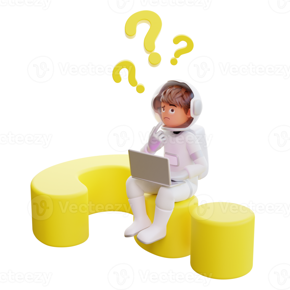 cute astronaut sit and hold laptop, with question mark. png