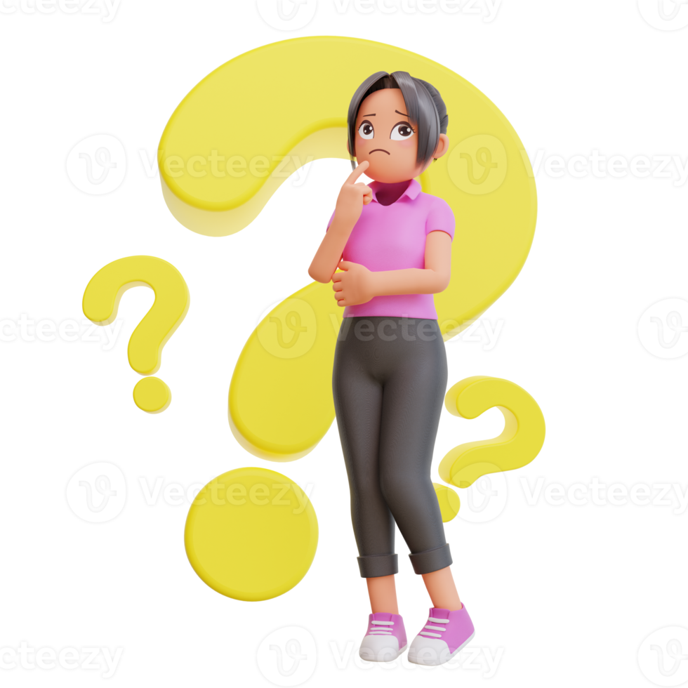 3d render cute girl with question mark png