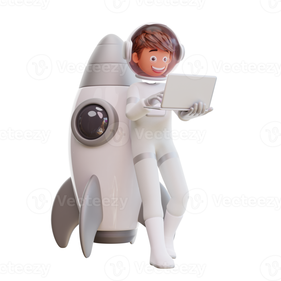 cute astronaut tanding and holding laptop png