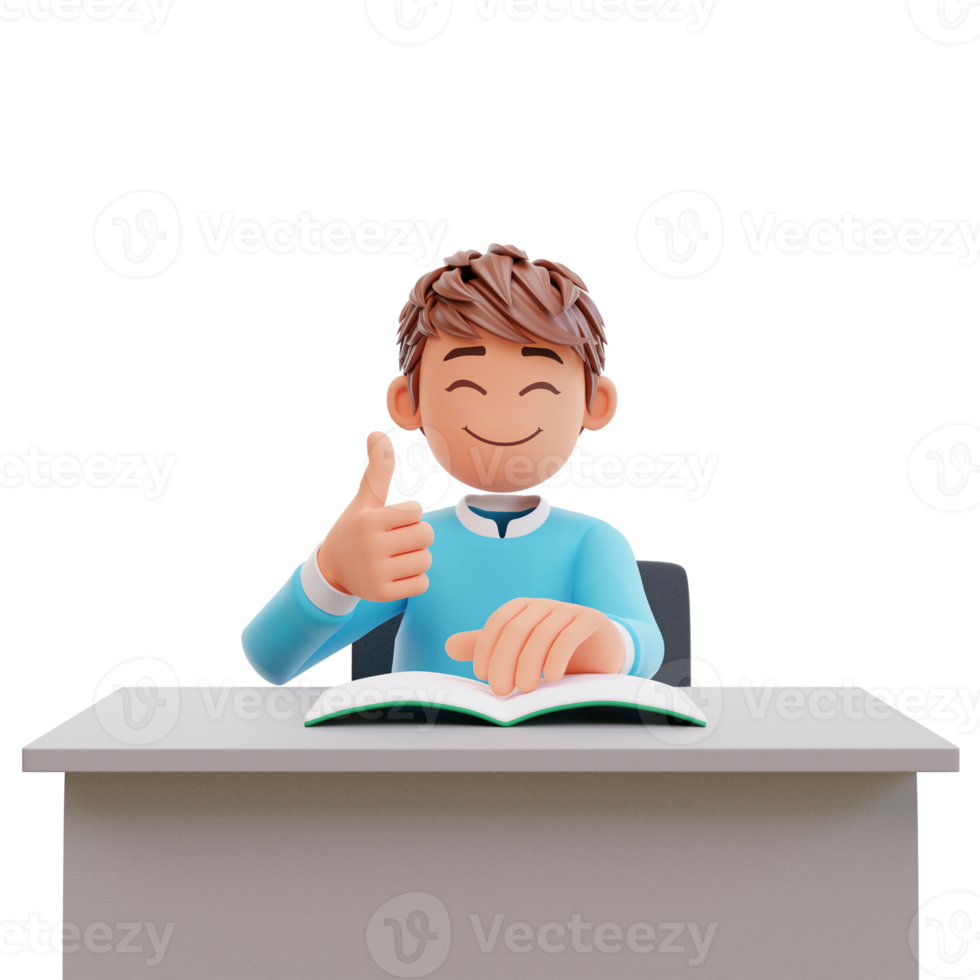 student showing thumbs up, 3d illustration chartoon character cute boy png