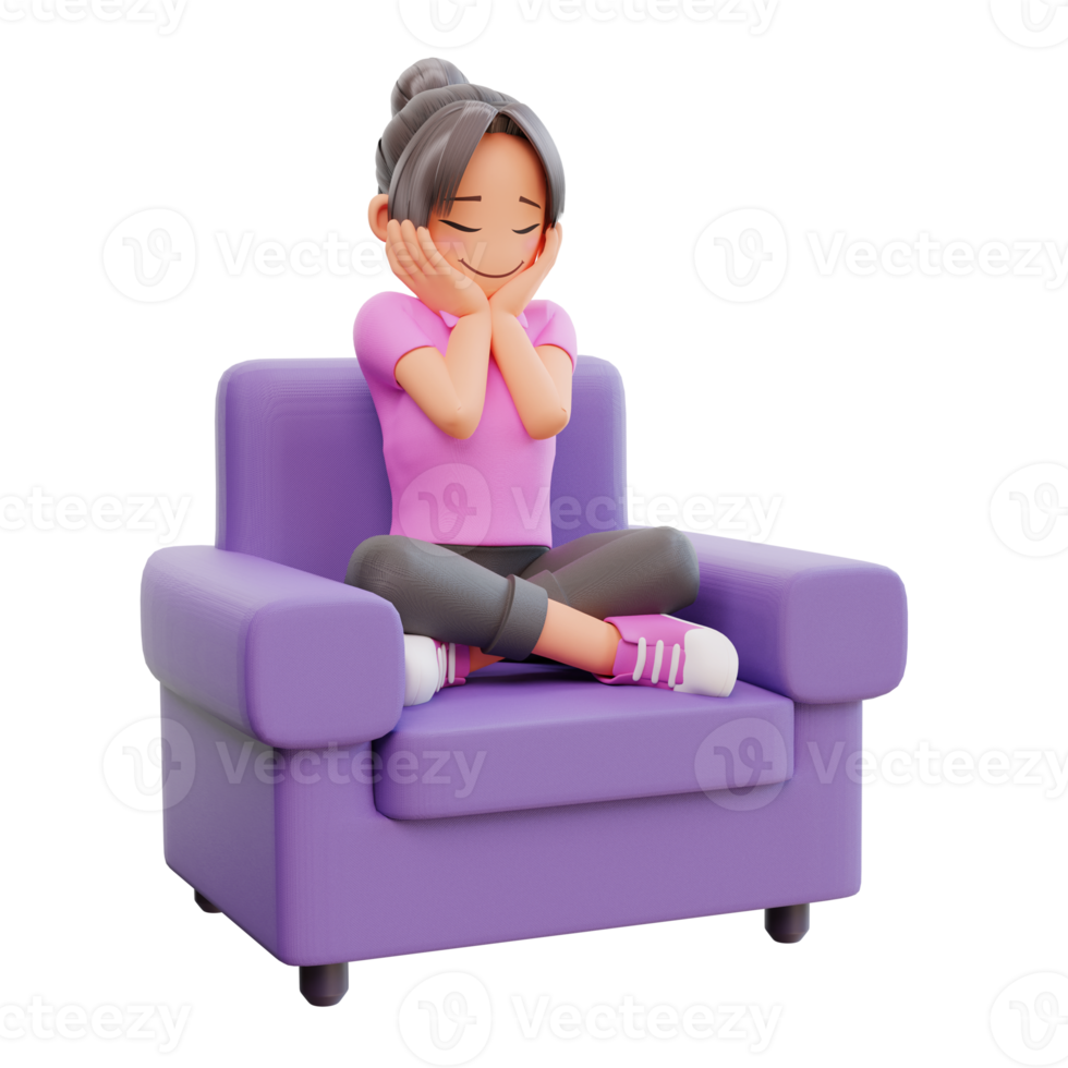 3d render cute girl sitting on the sofa png