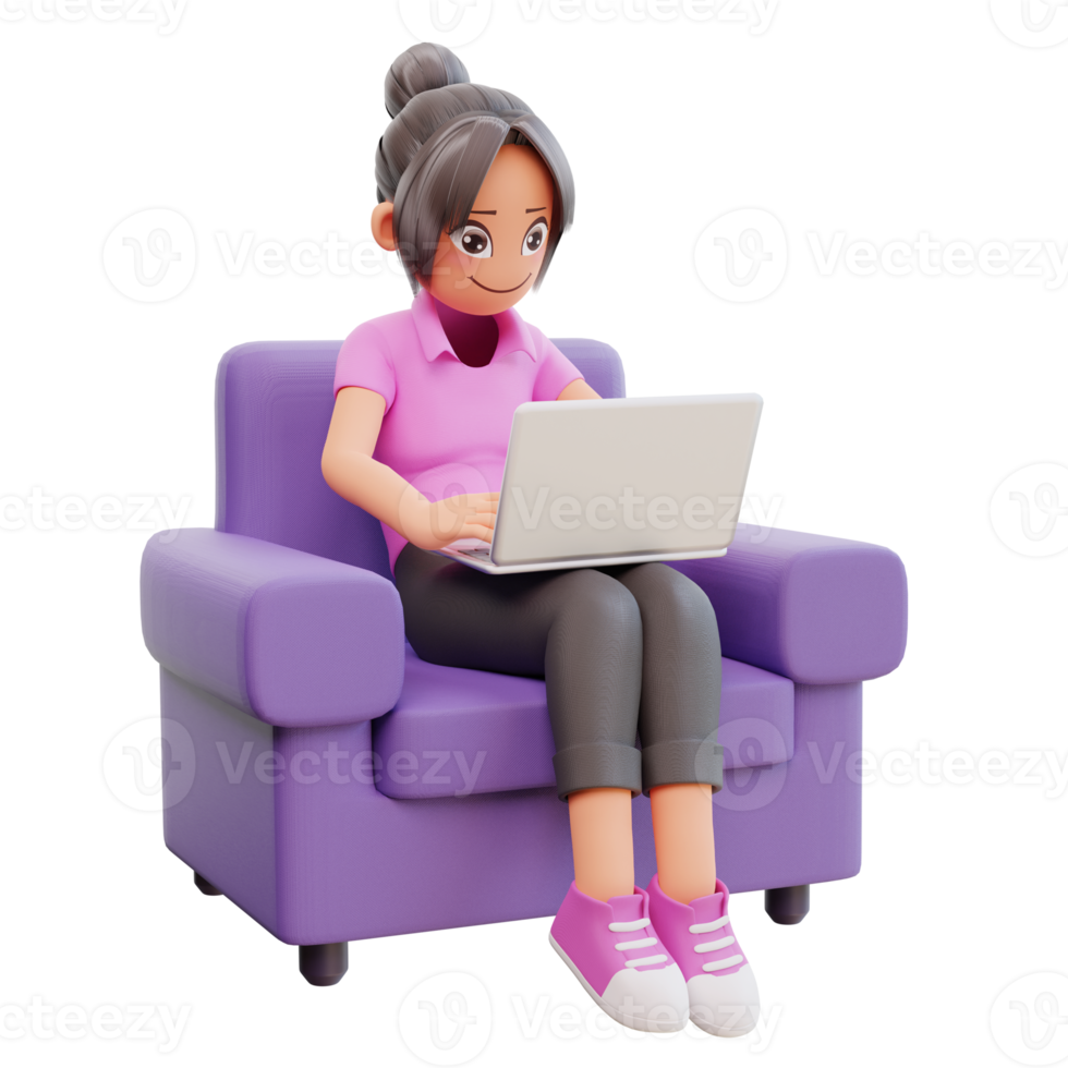 3D gör söt flicka sitta i korsade ben hålla laptop studerar hemma png