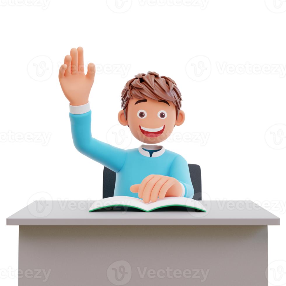 student waving hand, 3d illustration chartoon character cute boy png