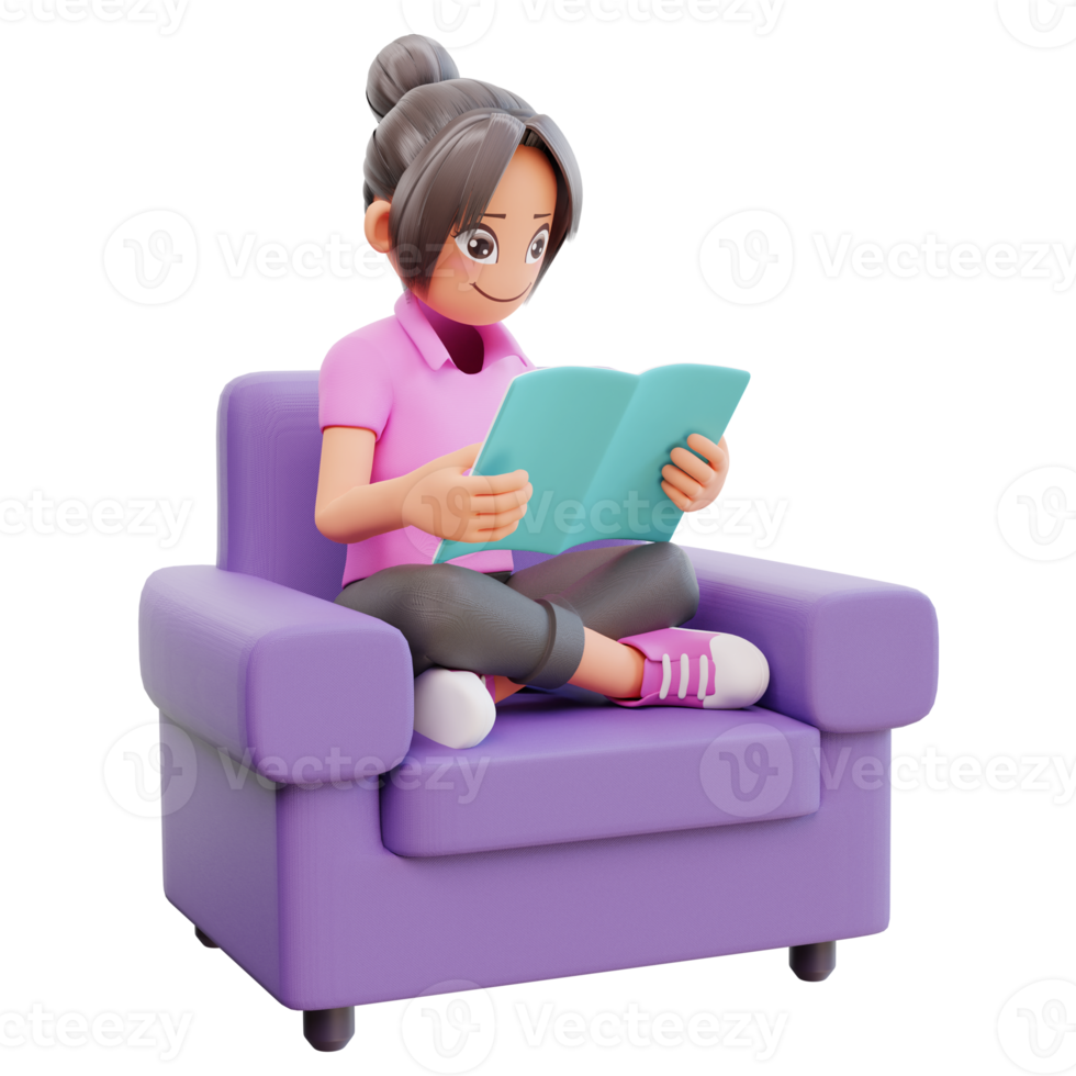 cute girl sit crossed legs hold book studying at home png