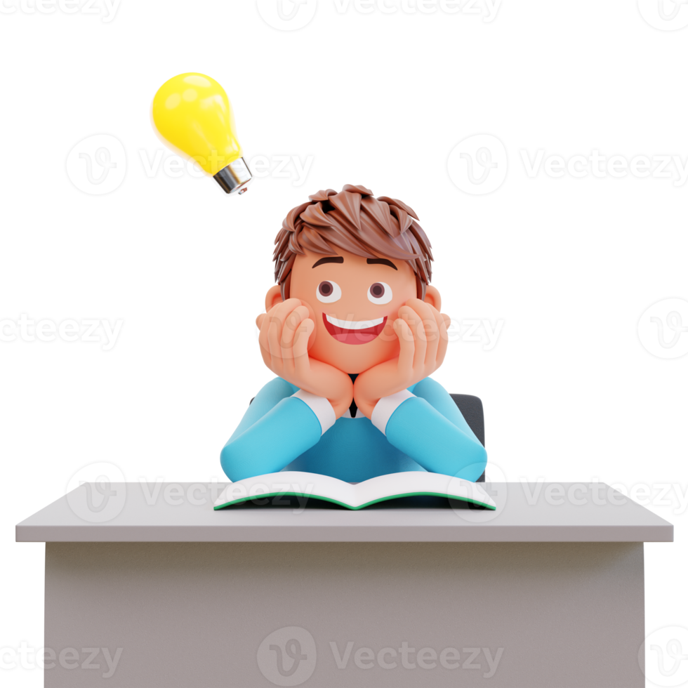 student is having an idea, 3d illustration chartoon character cute boy png