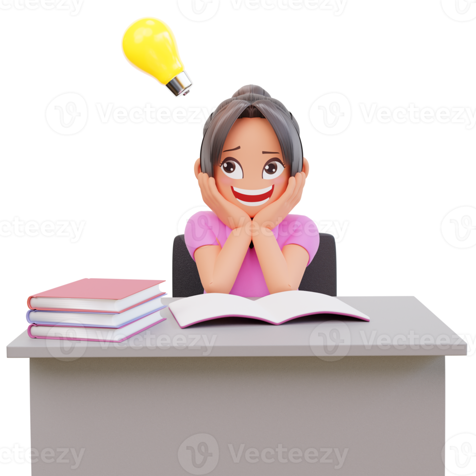 student is having an idea, 3d illustration chartoon character cute girl png