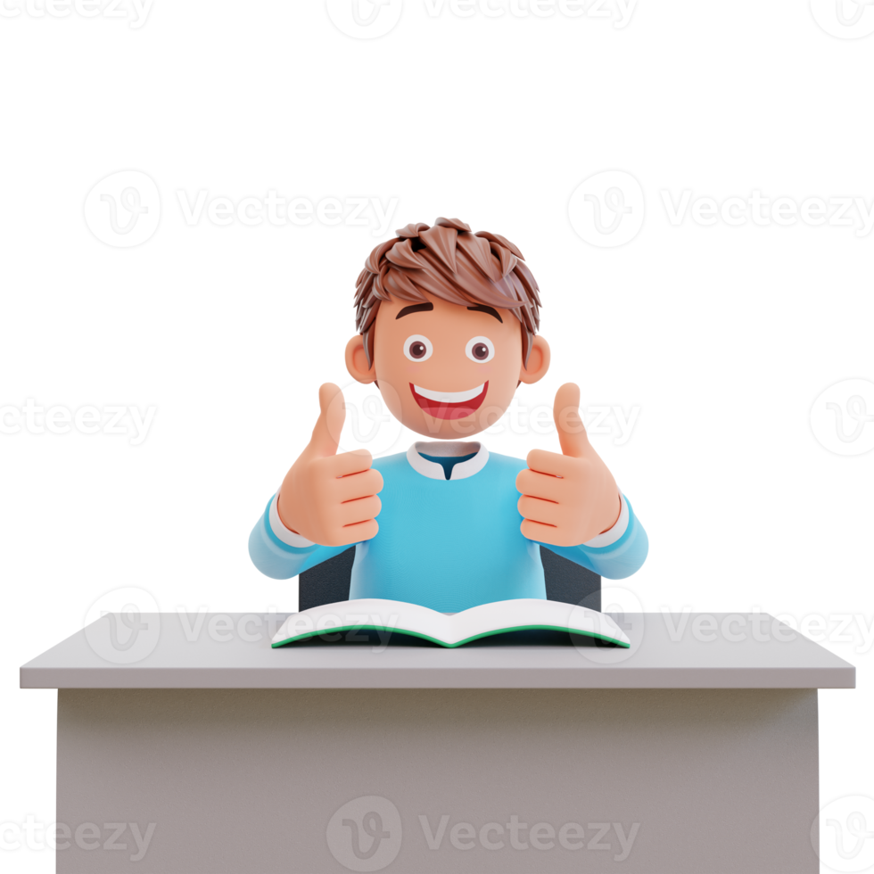 student showing thumbs up, 3d illustration chartoon character cute boy png