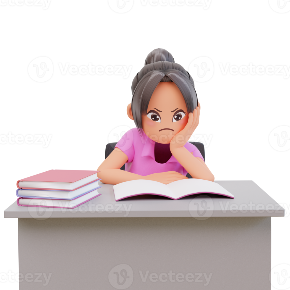 Serious young student reading a book preparing the exam education and learning concept, 3d illustration png