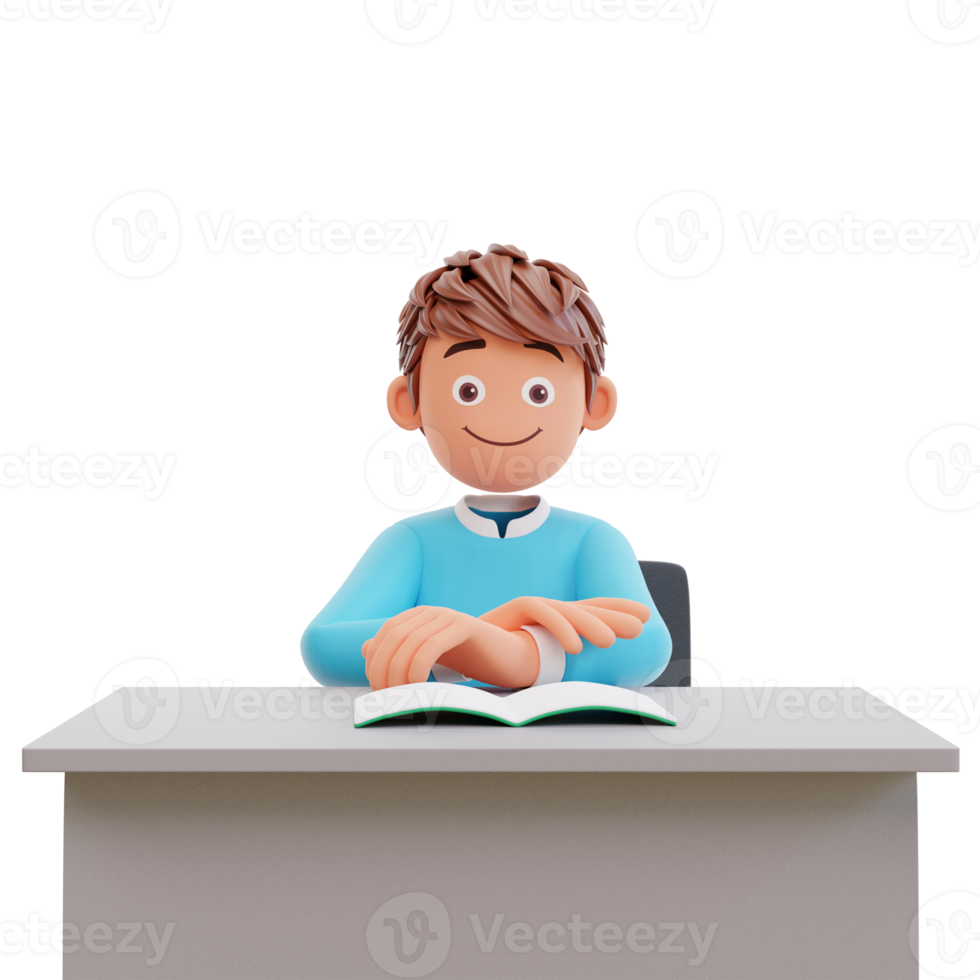 Serious young student reading a book preparing the exam education and learning concept, 3d illustration png