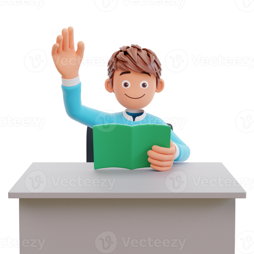 student waving hand, 3d illustration chartoon character cute boy png