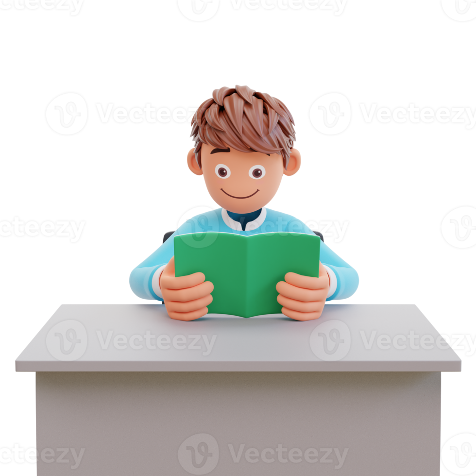 Serious young student reading a book preparing the exam education and learning concept, 3d illustration png