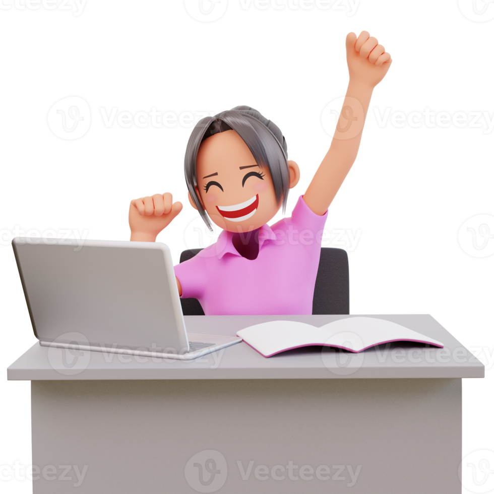 3d render Enthusiastic cute girl rejoicing from great news victory png