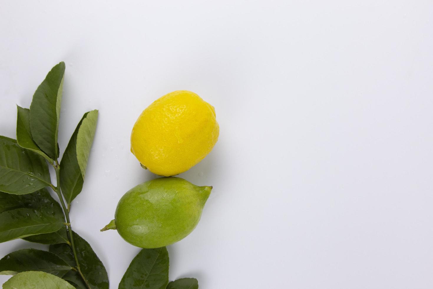 una fruta de limón amarilla y verde con hojas aisladas sobre fondo blanco foto