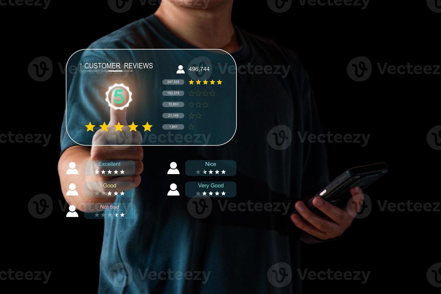 Customer satisfaction. Business Owners View Customer Satisfaction Review Score, Mobile Phone, Happy Customer, Rating High Review, Five Star, Product and Service Review Premium, High Satisfaction Score photo
