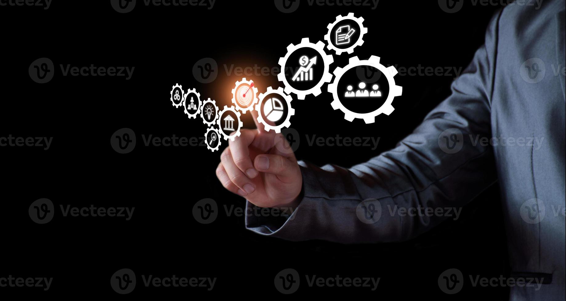 Business database analysis concept. Businessman analyzing economic data. related to business operations, analysis of future economic trends, virtual screens, business networking, internet technology. photo