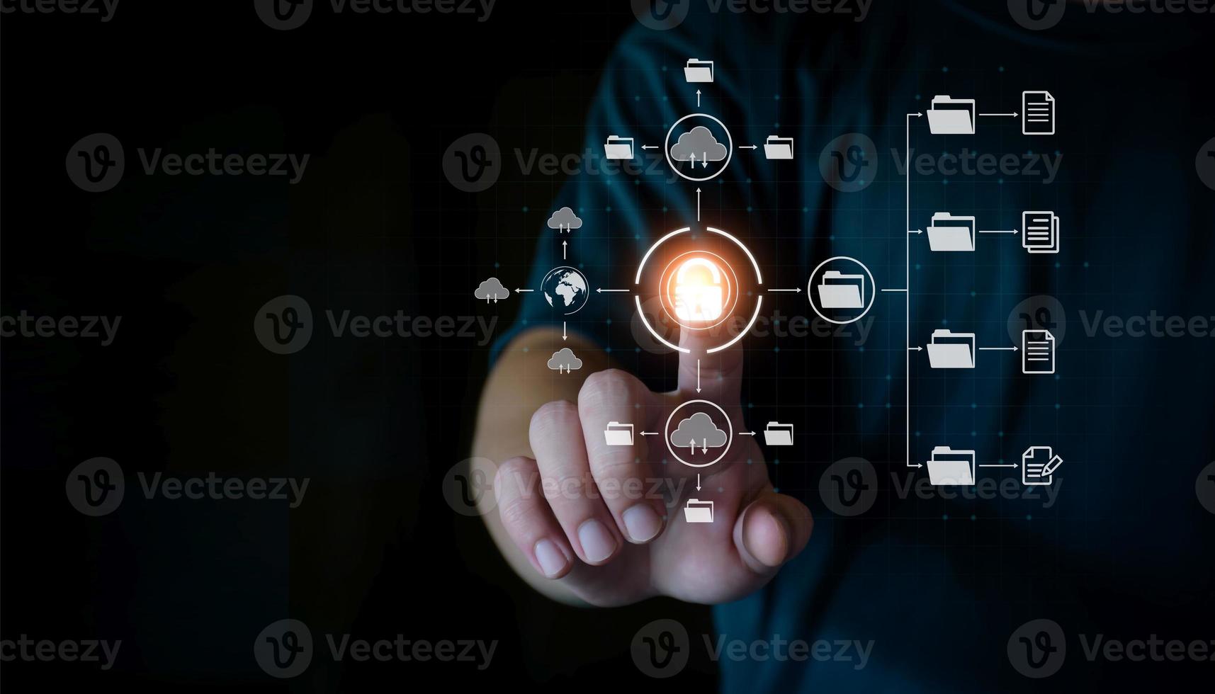 Man unlocks files in the cloud. Internet technology. Concept of global data connection by metaverse technology, big data ,search for information, online business, global network, internet of things photo