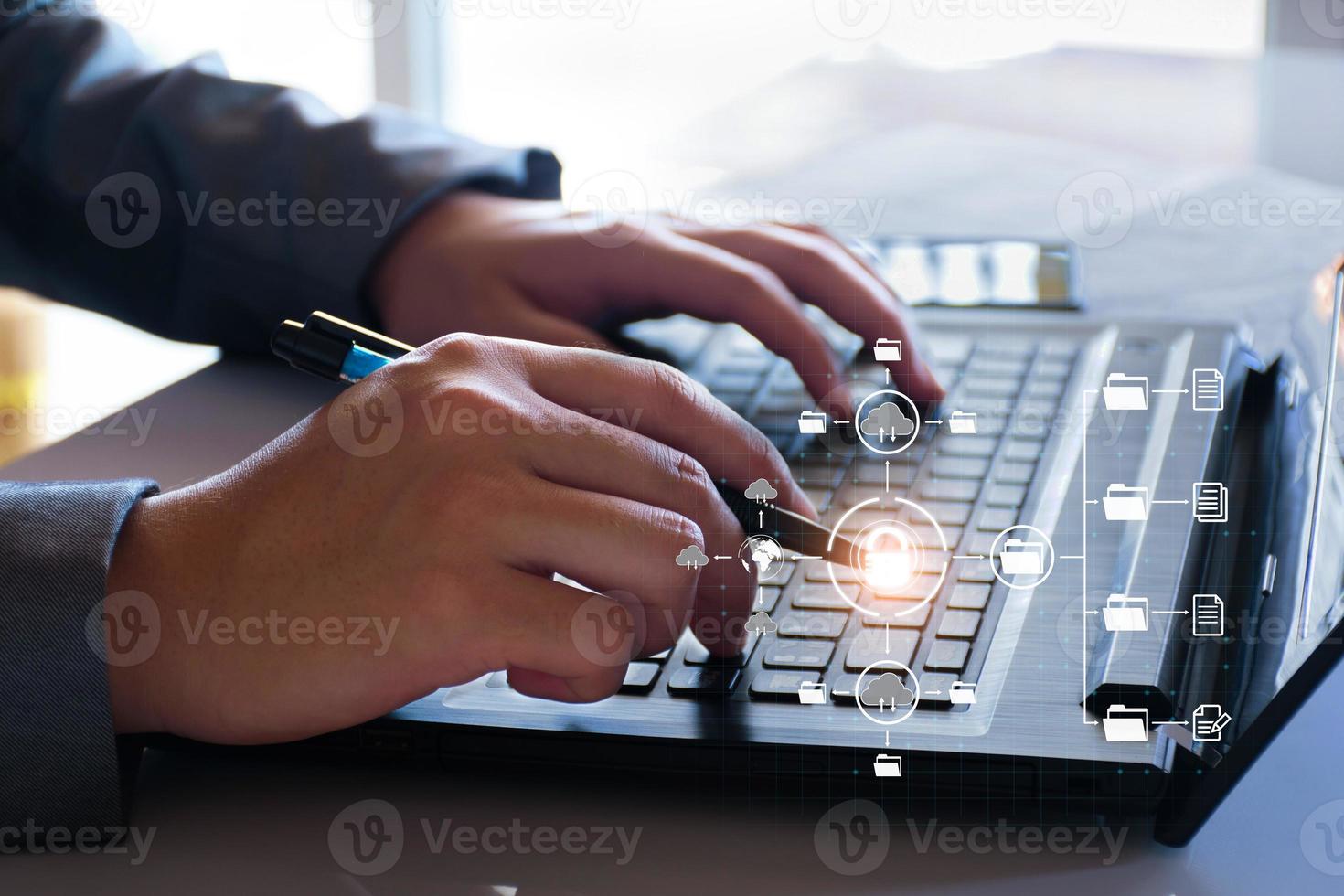 Man unlocks files in the cloud. Internet technology. Concept of global data connection by metaverse technology, big data ,search for information, online business, global network, internet of things photo