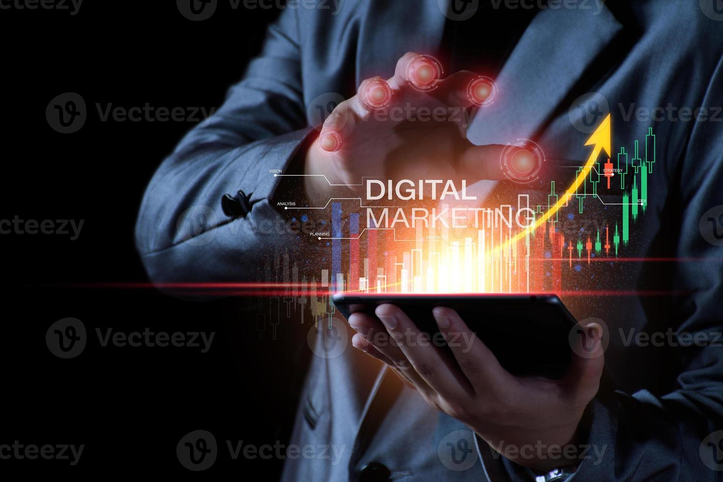 Digital marketing concept. Business man analyzing internet marketing online, business planning, online digital business, online stock market analysis, stock chart upward trend, digital stock trading. photo