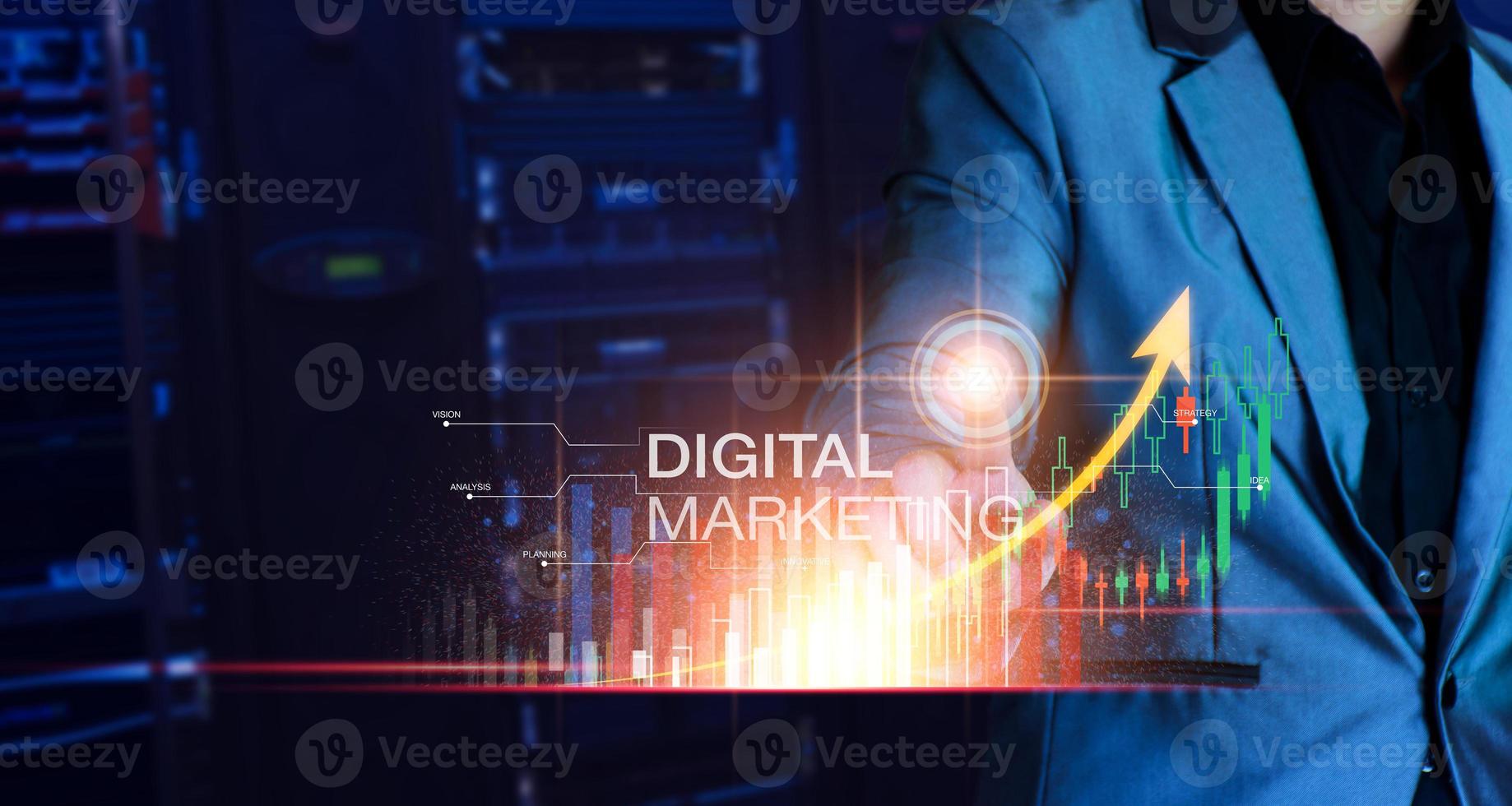 Digital marketing concept. Business man analyzing internet marketing online, business planning, online digital business, online stock market analysis, stock chart upward trend, digital stock trading. photo