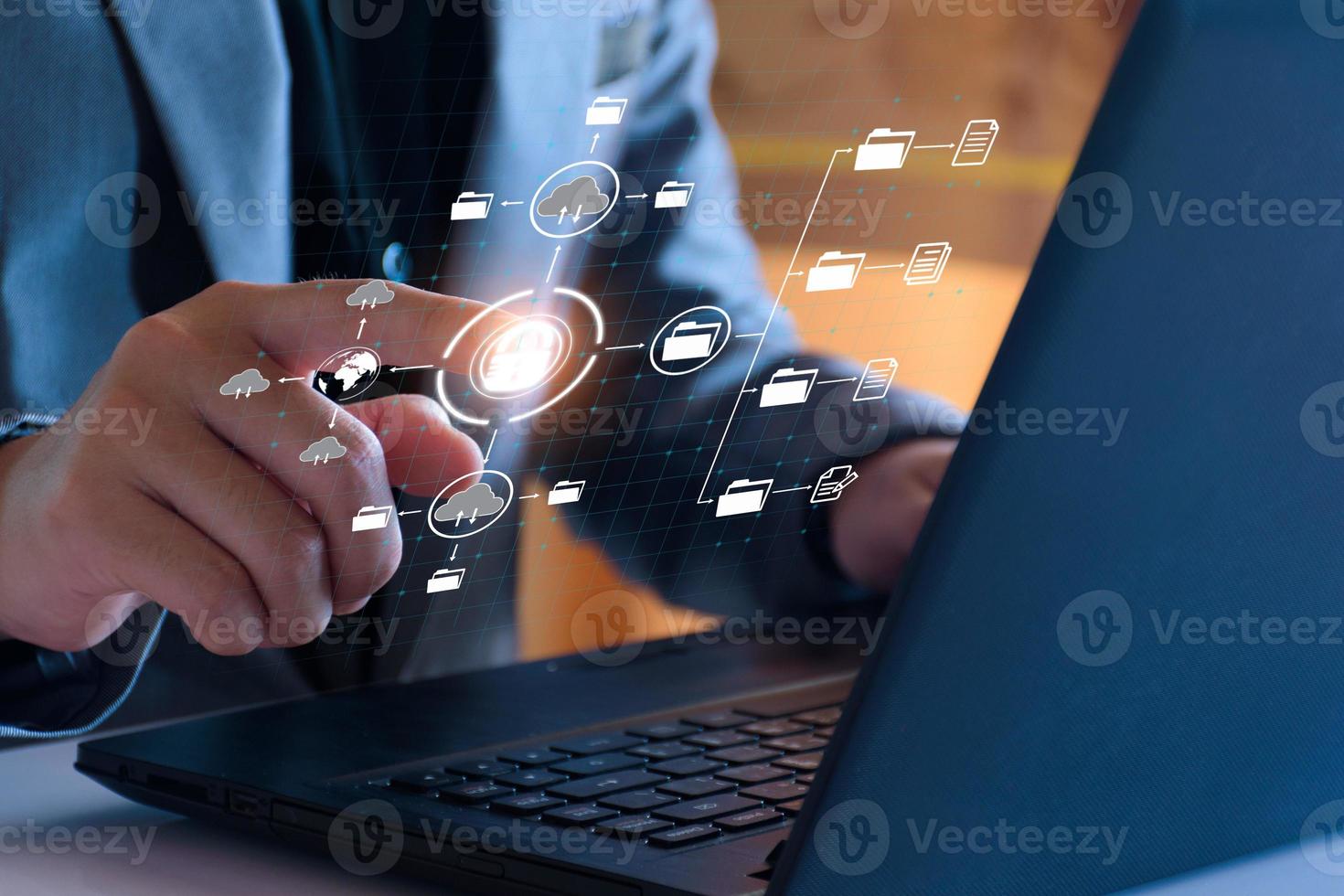 Man unlocks files in the cloud. Internet technology. Concept of global data connection by metaverse technology, big data ,search for information, online business, global network, internet of things photo