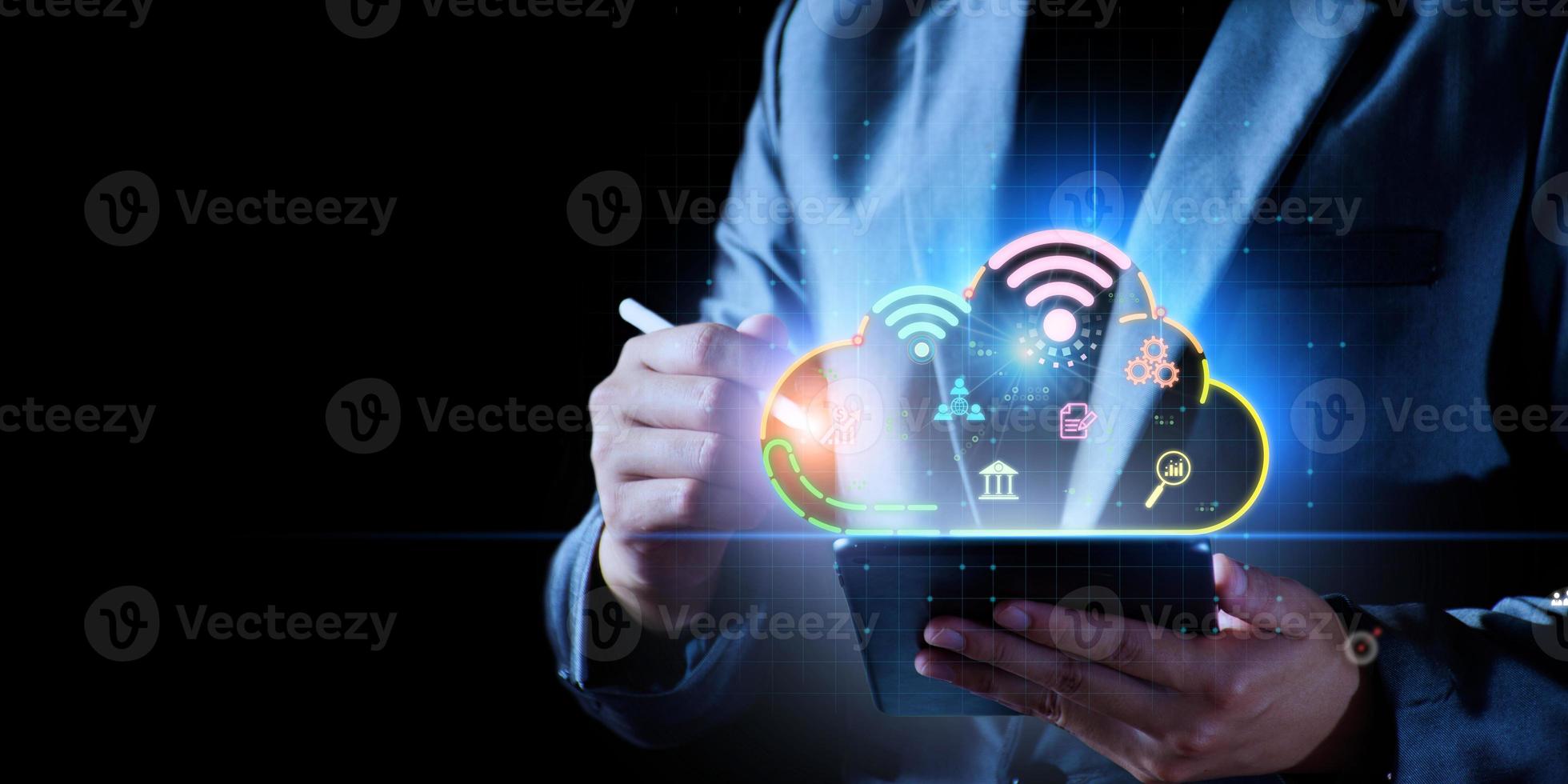 Digital business online concept. Business people use internet wifi to do business online, digital internet wifi, cyber digital transaction, digital business marketing in future, online economy network photo