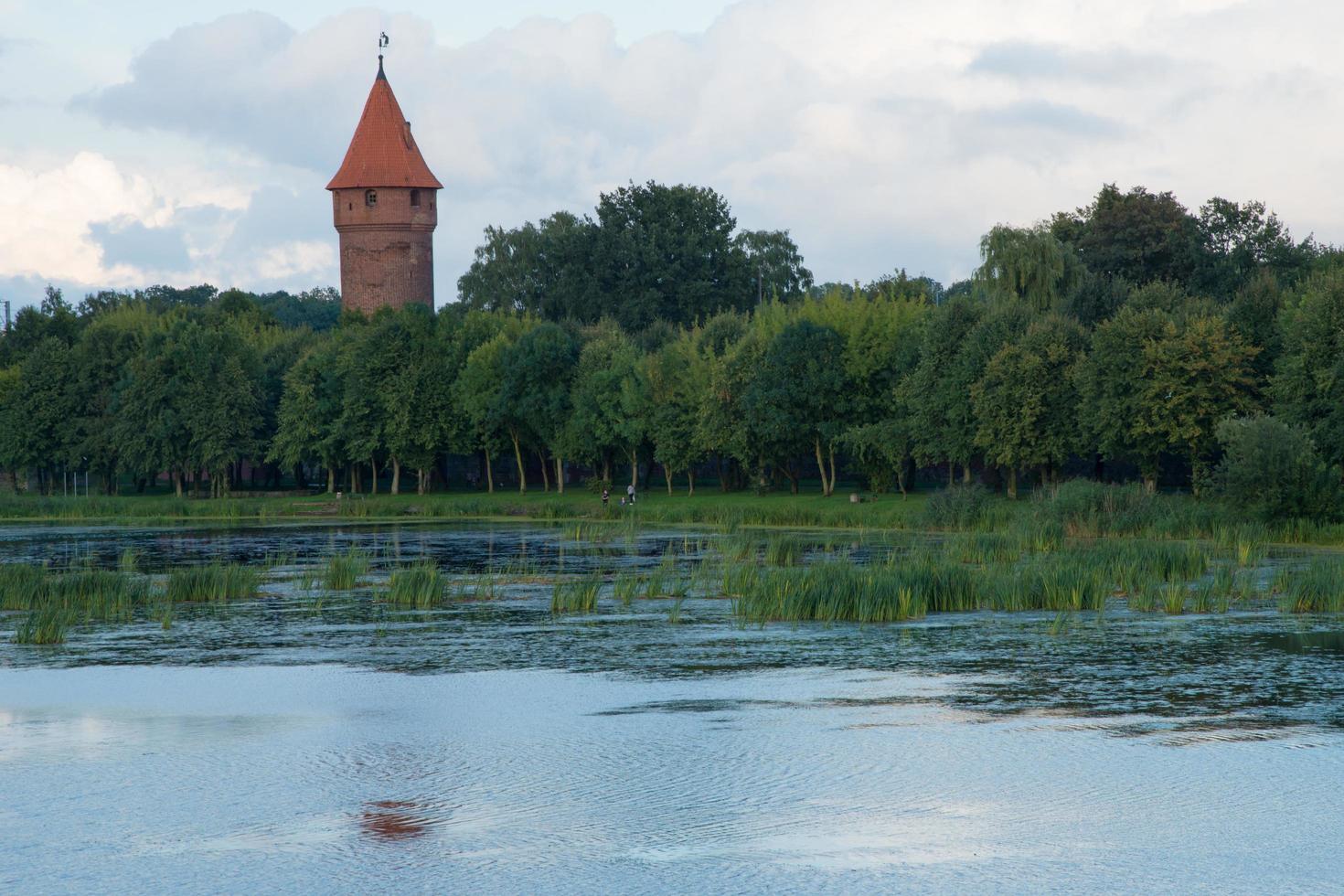 vista idílica de la naturaleza alrededor del castillo de malbork. torre roja y techo cónico. Polonia foto