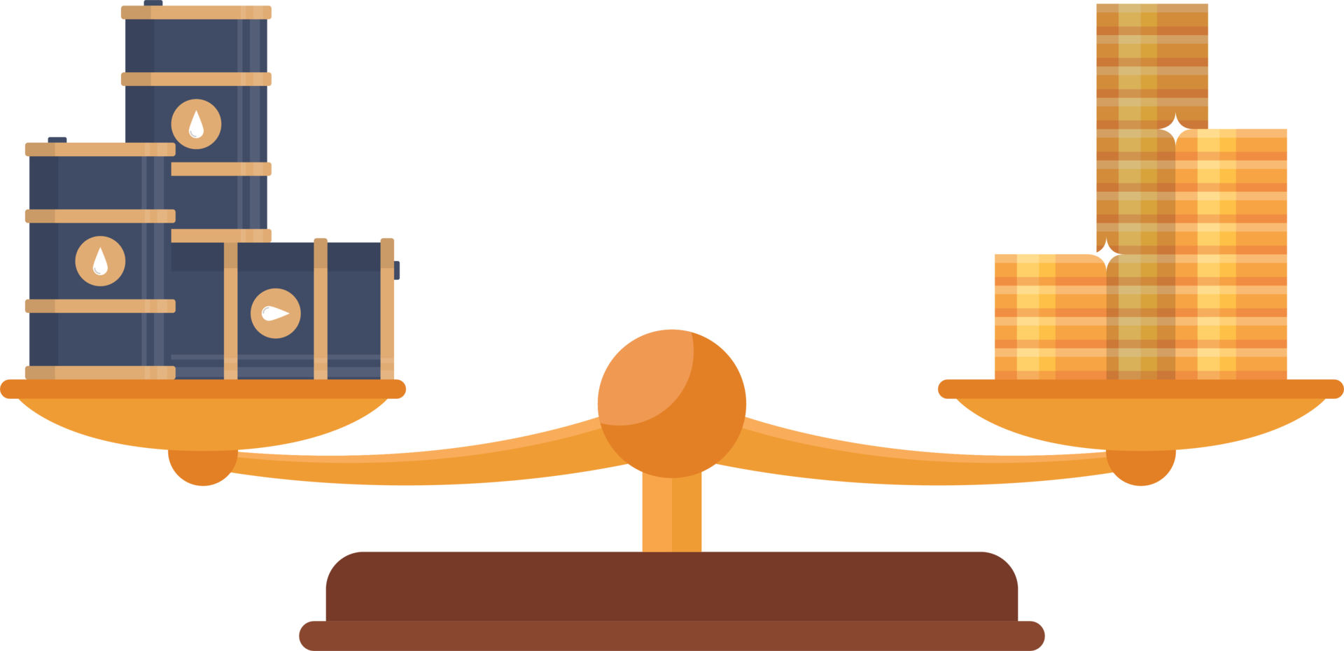 Balance scale with gold coins and oil barrels png