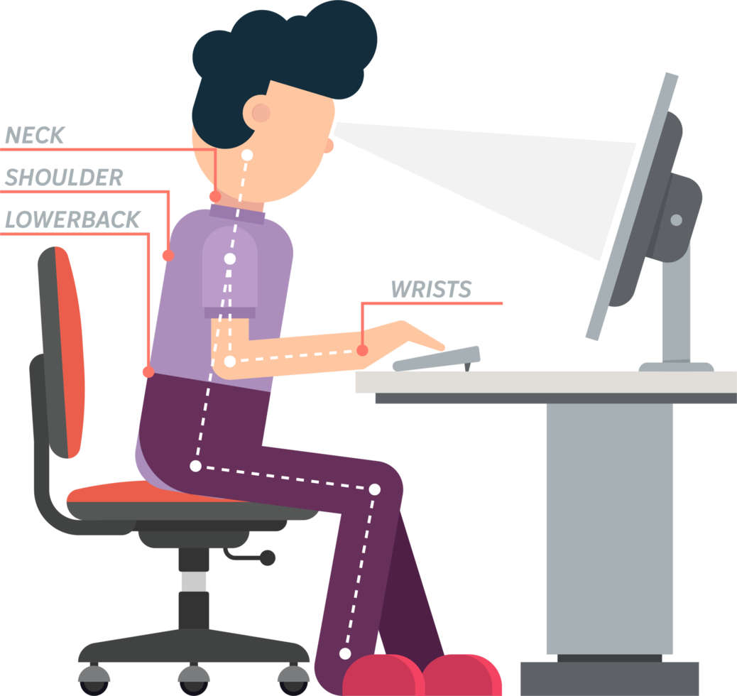 Ergonomic posture of sitting at desk flat vector illustration png