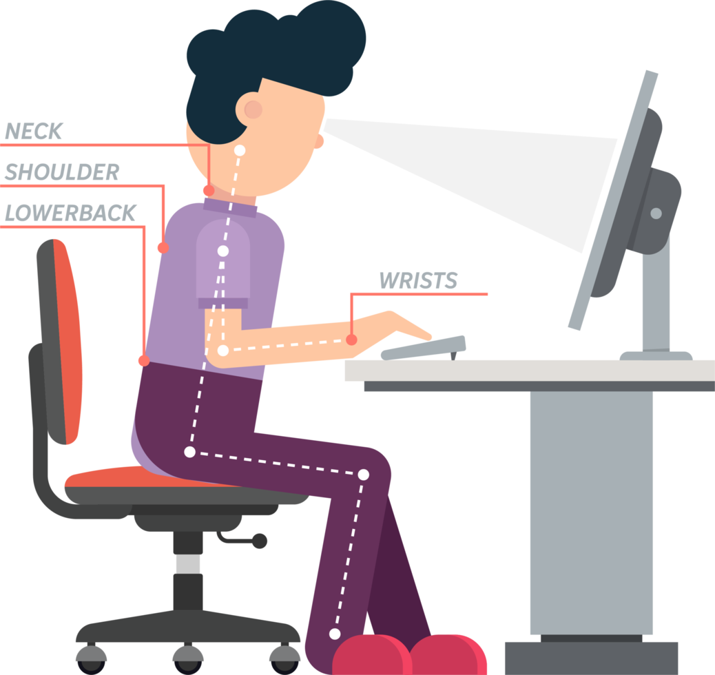 ergonomische houding van het zitten aan een bureau platte vectorillustratie png