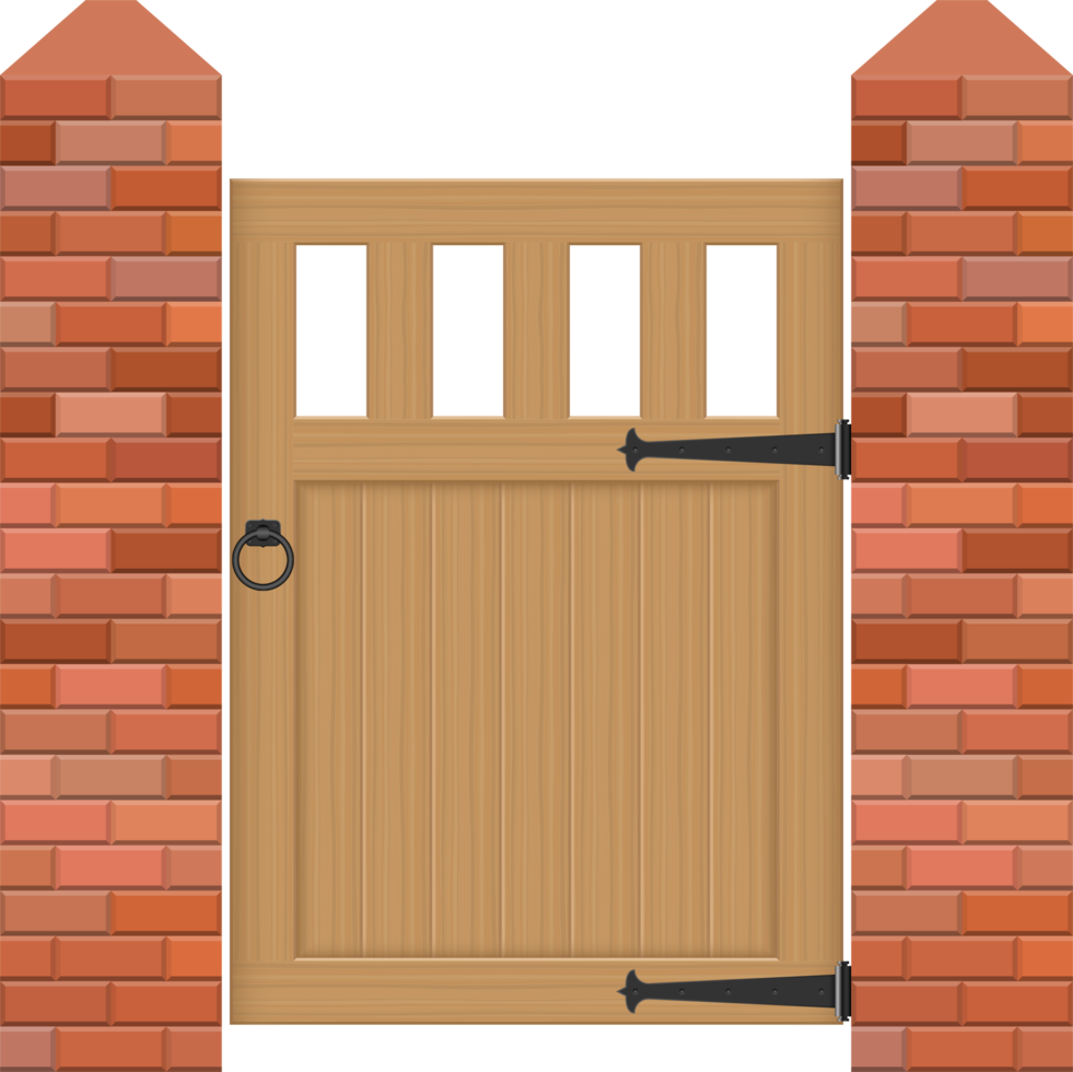 Brick fence with wooden gate vector illustration png