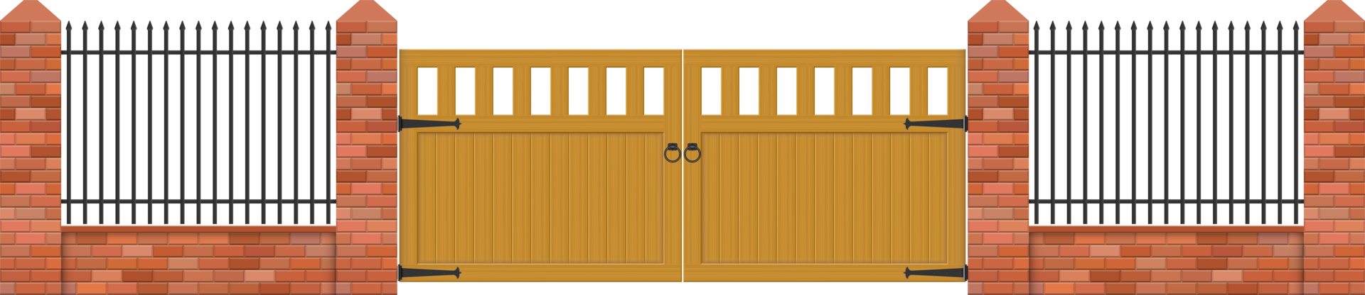Brick fence with wooden gate vector illustration png