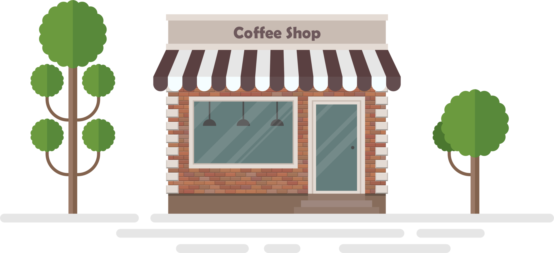 Coffee shop building and trees vector illustration png