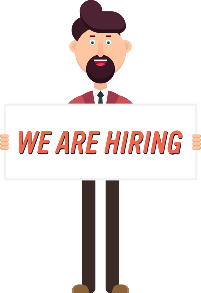 Happy businessman hold a banner with hiring text png