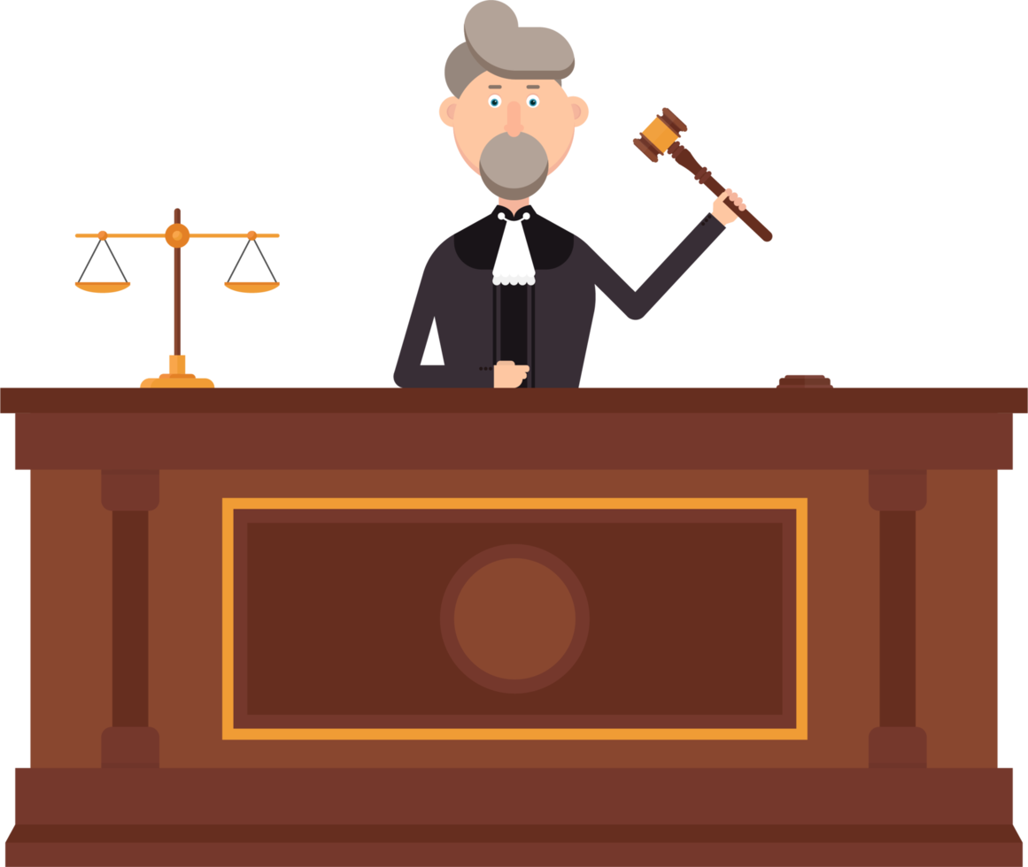 Judge character in courtroom with gavel in his left hand vector illustration png