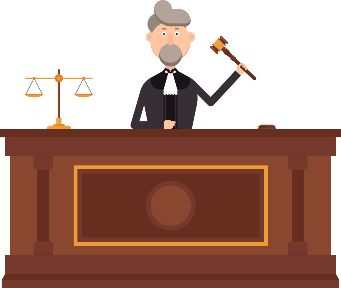 Judge character in courtroom with gavel in his left hand vector illustration png