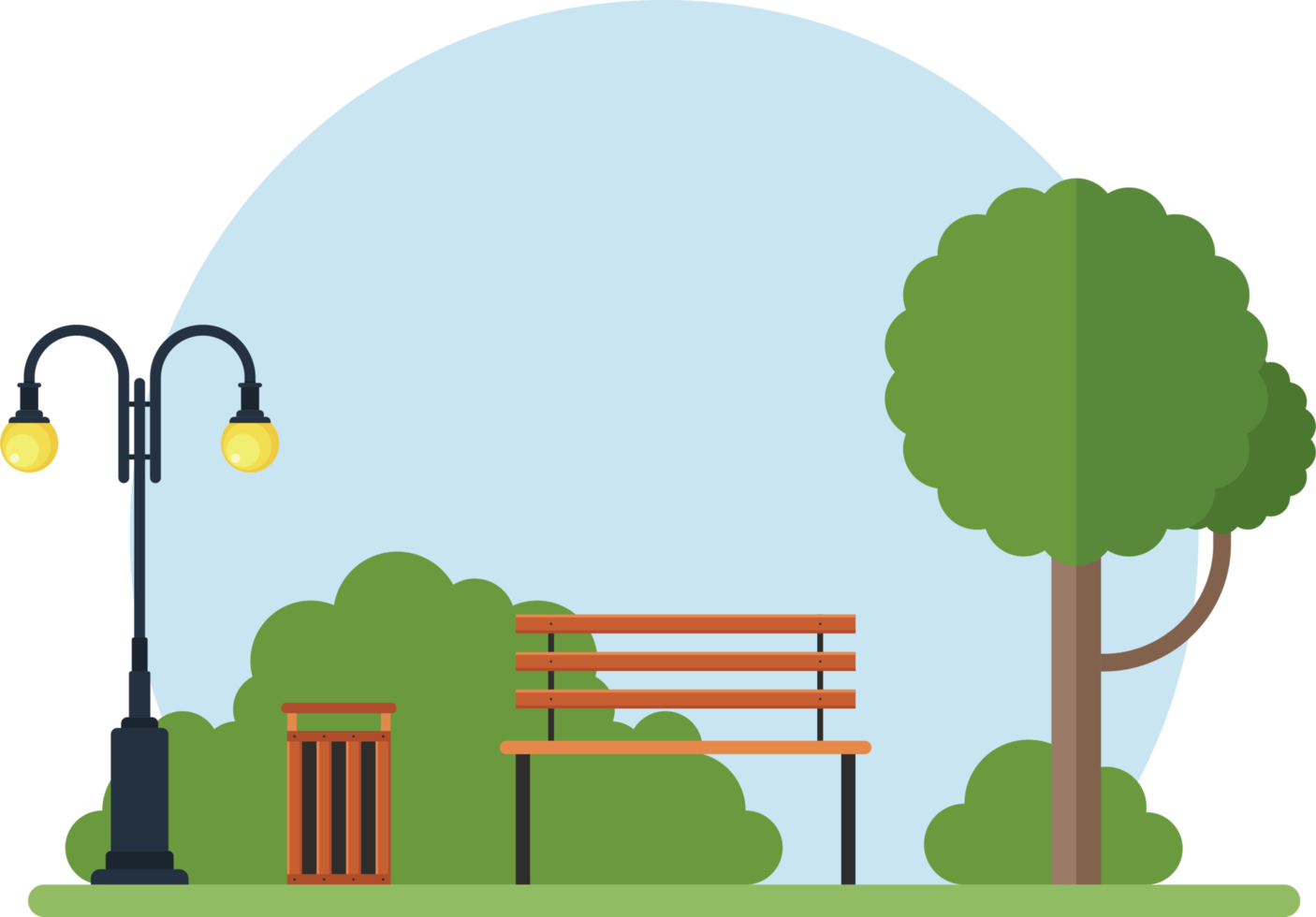 Tree, bench, lamp and trash can in the park vector illustration png