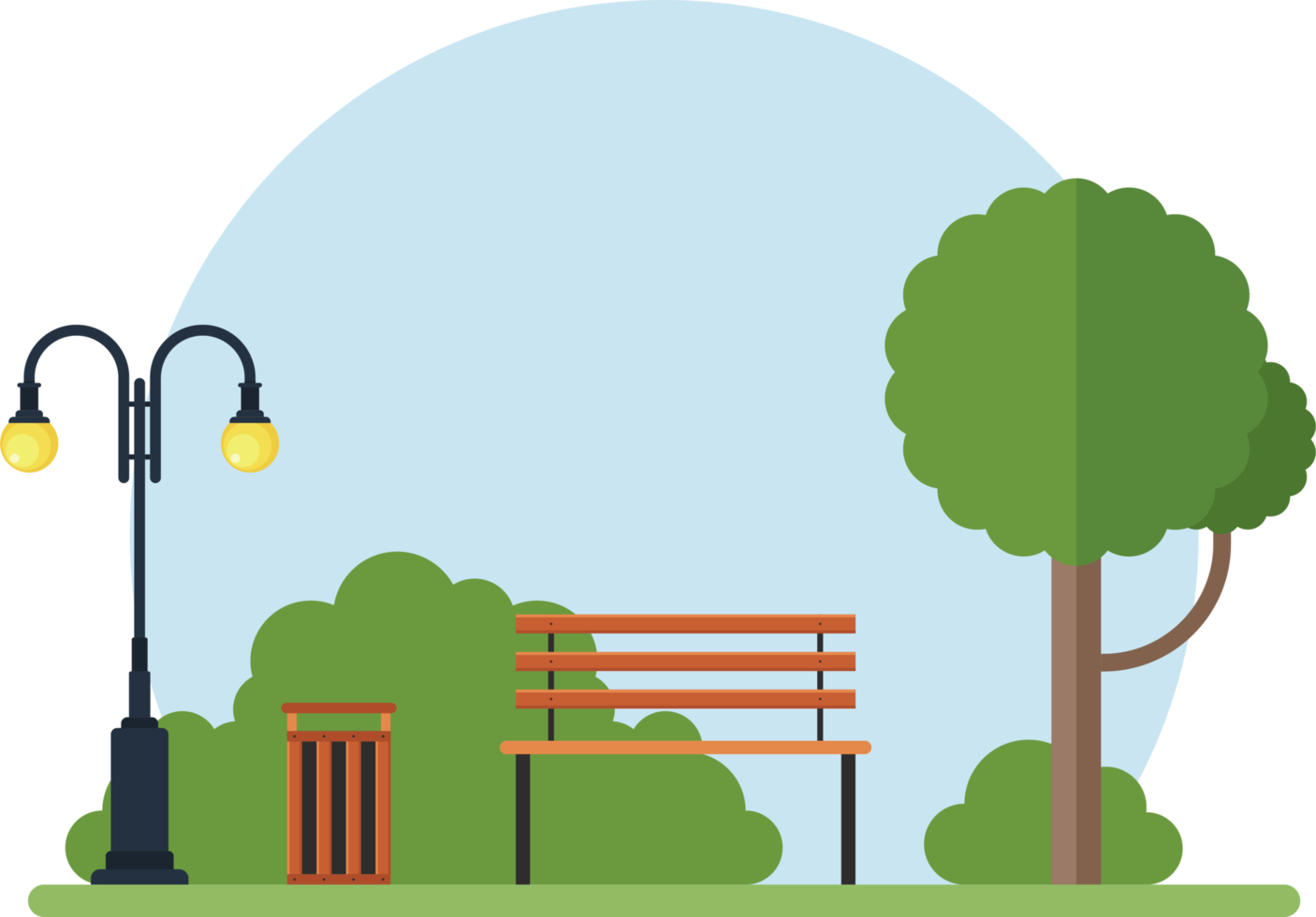 Tree, bench, lamp and trash can in the park vector illustration png