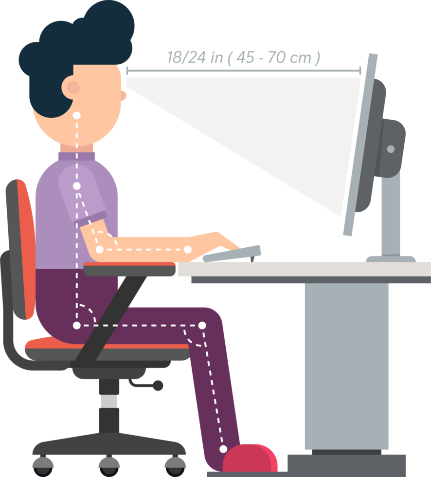 Ergonomic posture of sitting at desk flat vector illustration png