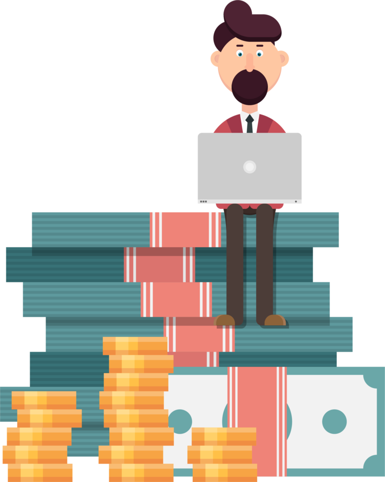 Businessman with laptop standing on a huge pile of money png