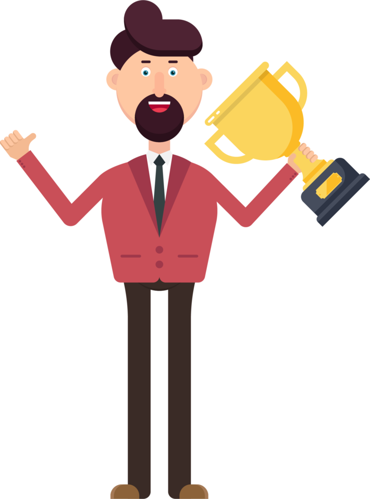 Businessman holding winner trophy png