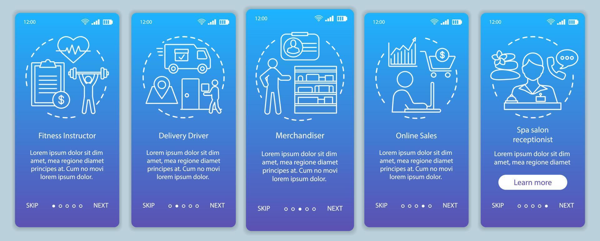 plantilla de vector de pantalla de página de aplicación móvil de incorporación azul de trabajo a tiempo parcial. instructor de fitness, recepcionista. paso a paso del sitio web con ilustraciones lineales. ux, ui, concepto de interfaz de teléfono inteligente gui