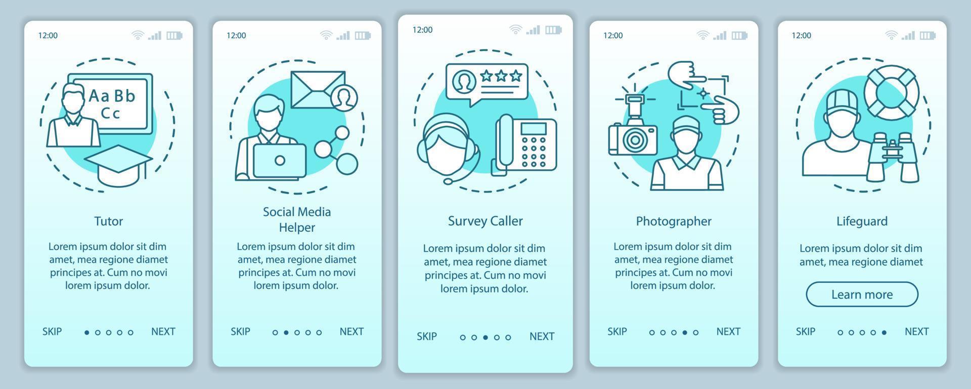 trabajos a tiempo parcial turquesa incorporación tutor de vector de pantalla de página de aplicación móvil, fotógrafo, socorrista. paso a paso del sitio web con ilustraciones lineales. ux, ui, concepto de interfaz de teléfono inteligente gui