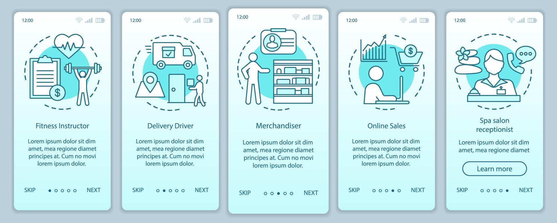 plantilla de vector de pantalla de página de aplicación móvil de incorporación de turquesa de trabajo a tiempo parcial. instructor de fitness, conductor. paso a paso del sitio web con ilustraciones lineales. ux, ui, concepto de interfaz de teléfono inteligente gui