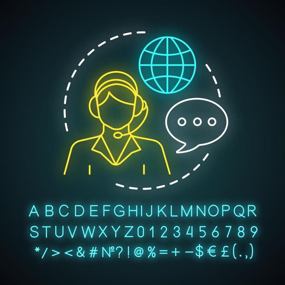 Call center representative neon light icon. Online support, hotline operator, consultant manager. Help desk dispatcher. Glowing sign with alphabet, numbers and symbols. Vector isolated illustration